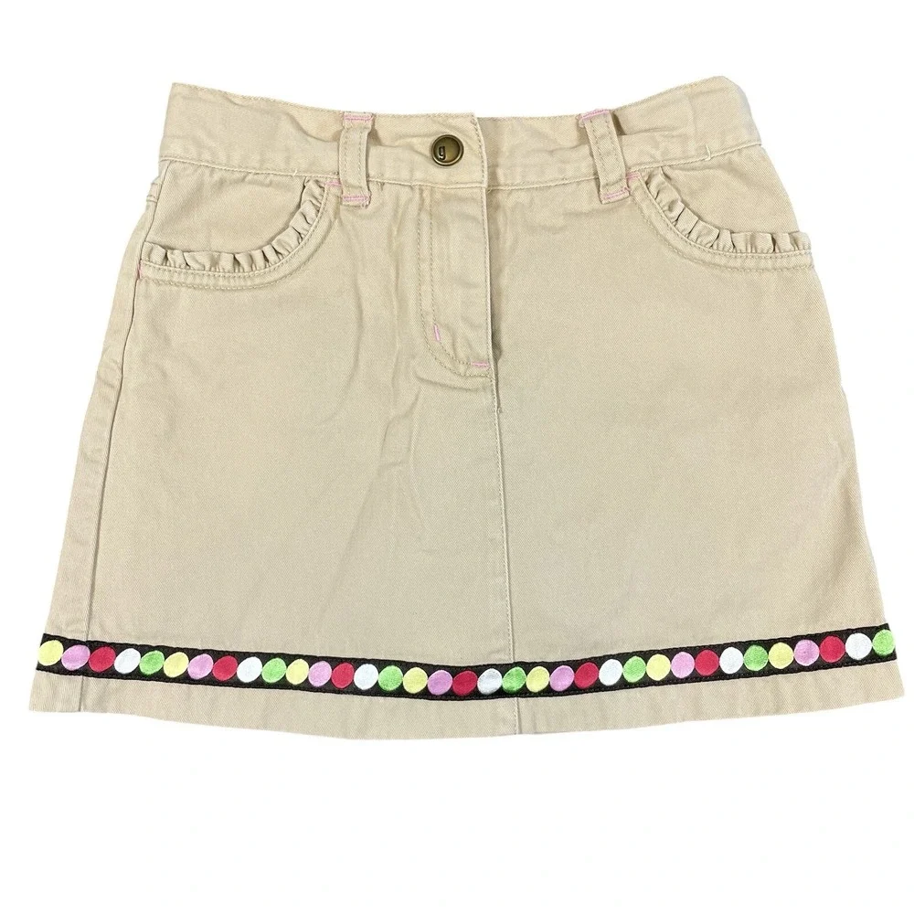 Gymboree Girls Khaki Skort Sz 6 Tan Cotton Rainbow Polka Dot Ribbon Ruffle Trim
